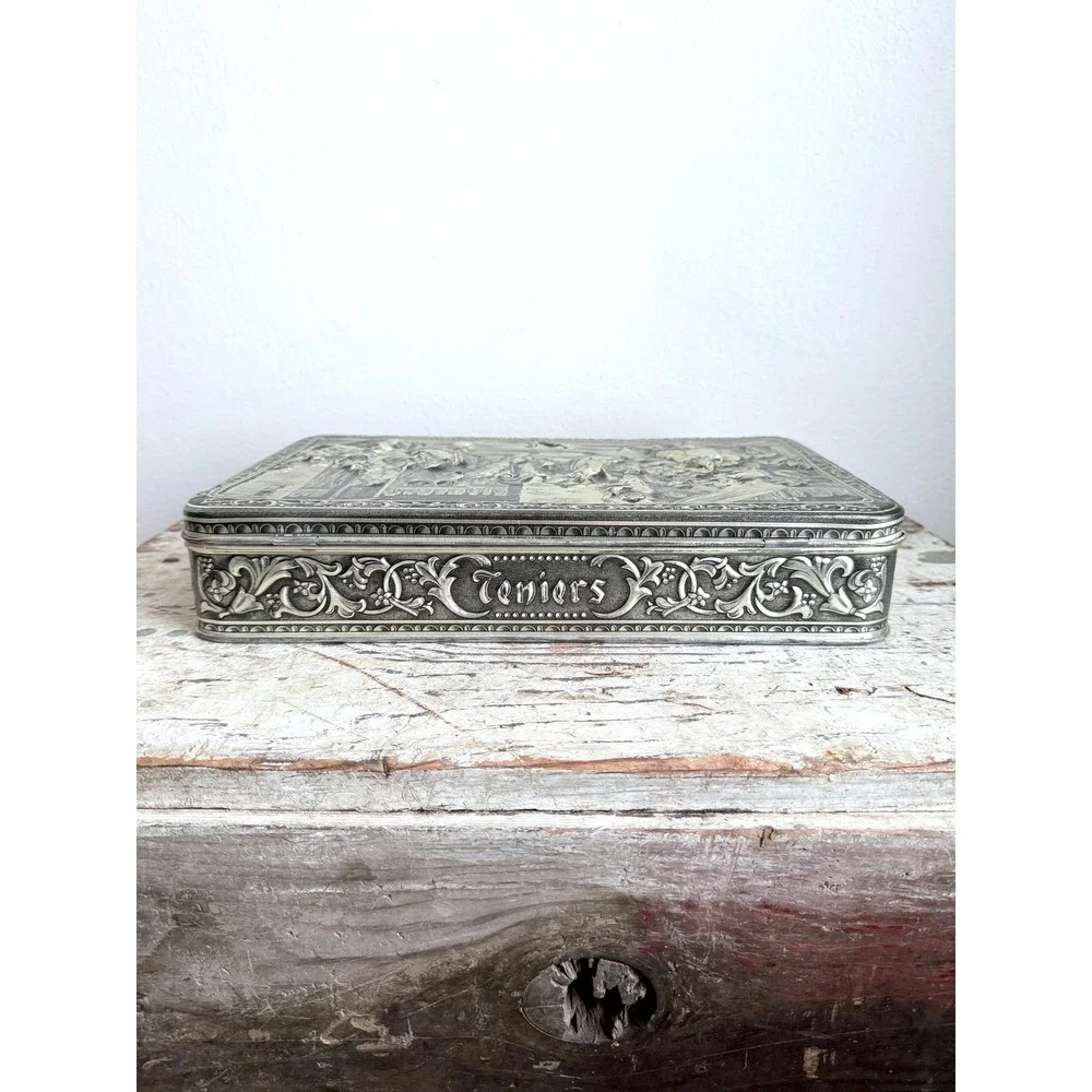 Vintage‎ Teniers 3D Embossed Belgium Tin – 1950s Silvertone Hinged Cookie Box
